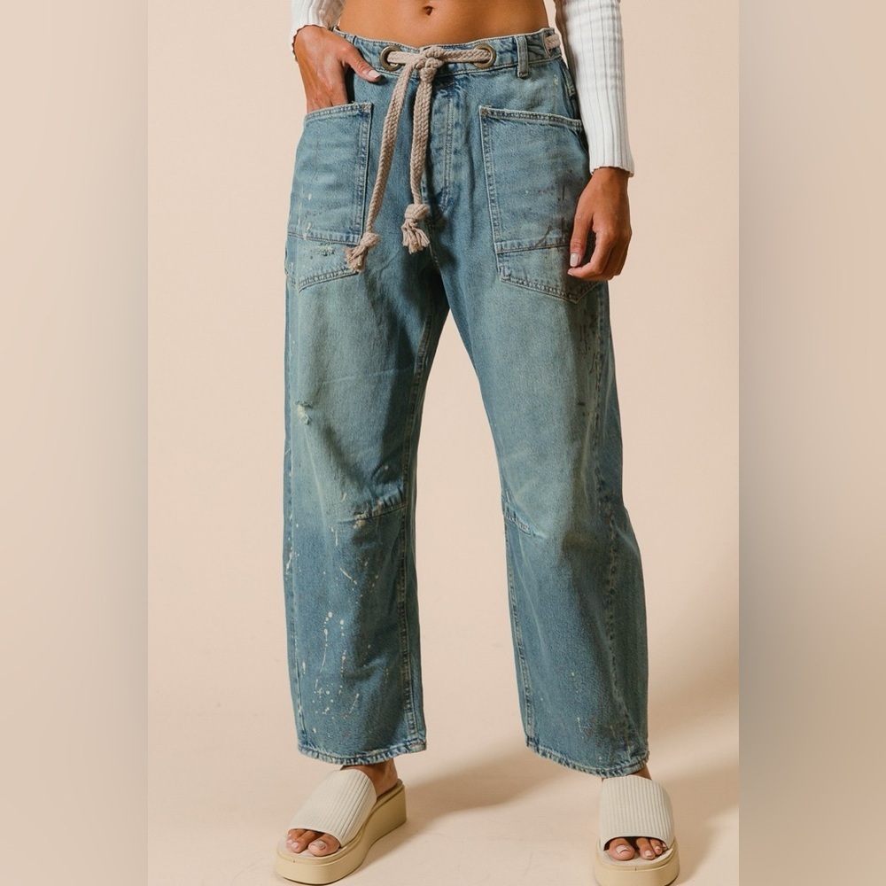 NWT BRAIDED WAIST BELT DRIP PAINTING DETAIL WASHED DENIM PANTS BARREL JEANS - Picture 10 of 14